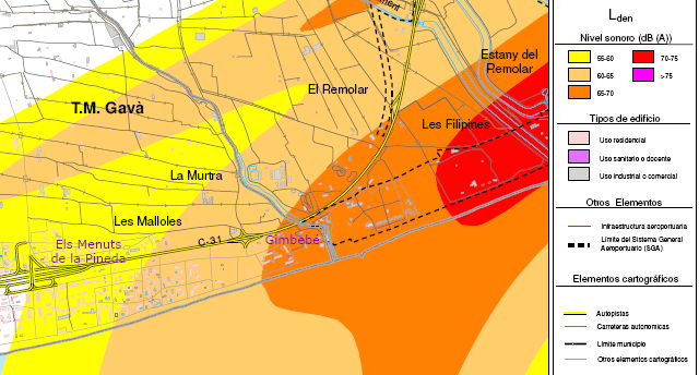 Impacto terrible del aeropuerto de Barcelona-El Prat sobre el norte de Gavà Mar según el mapa estratégico del ruido elaborado por AENA (Diciembre de 2008)
